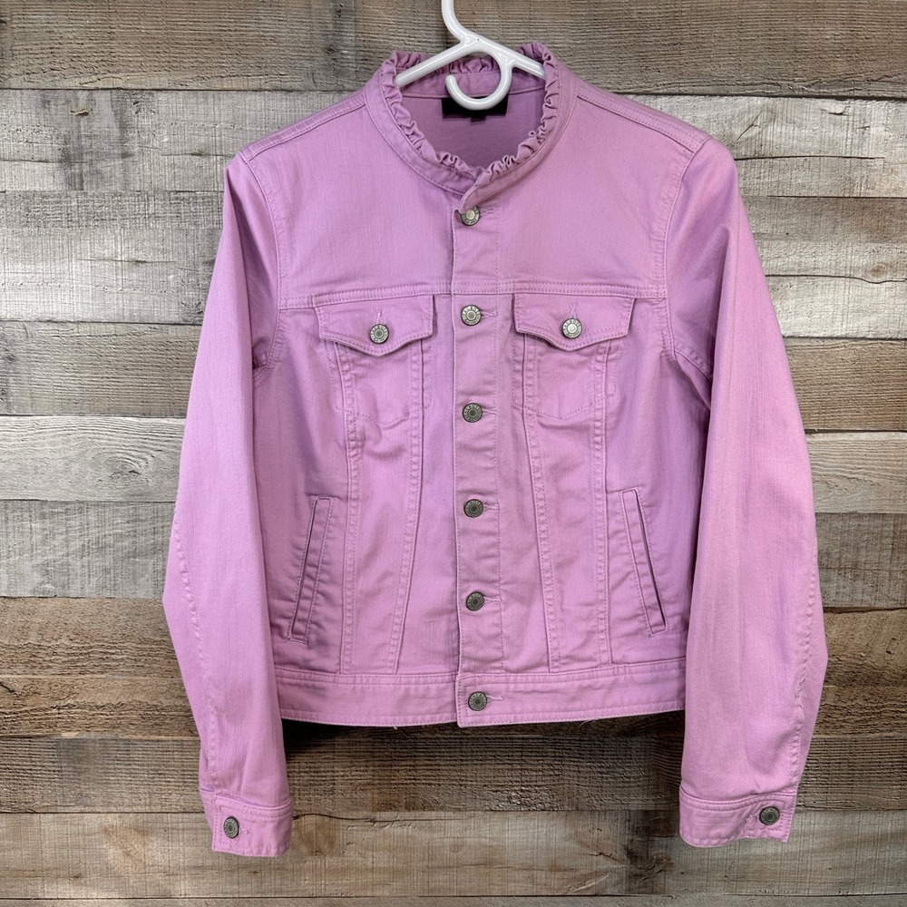 Talbots Orchid Pink Denim Jacket Ruffle Collar Stretch Cotton Size M